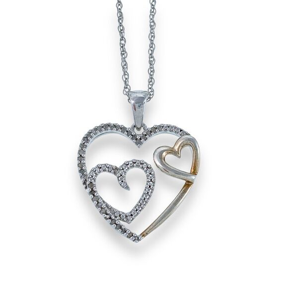 UD Sterling Silver 925 Triple Heart Gold Plate Pave Cubic Zirconia Pendant ONLY - Picture 1 of 3